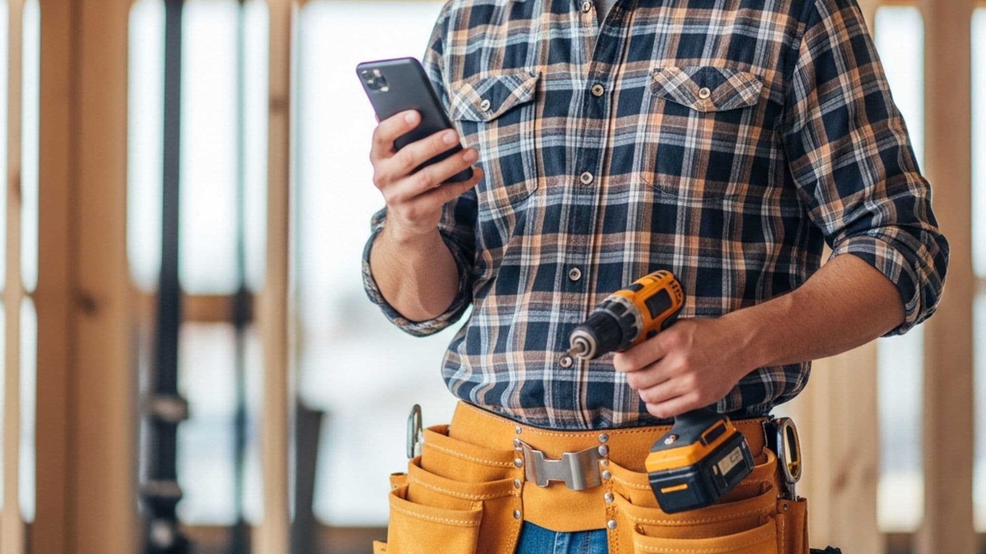 A tradesman on a job site reading a message on his phone, drill in his other hand