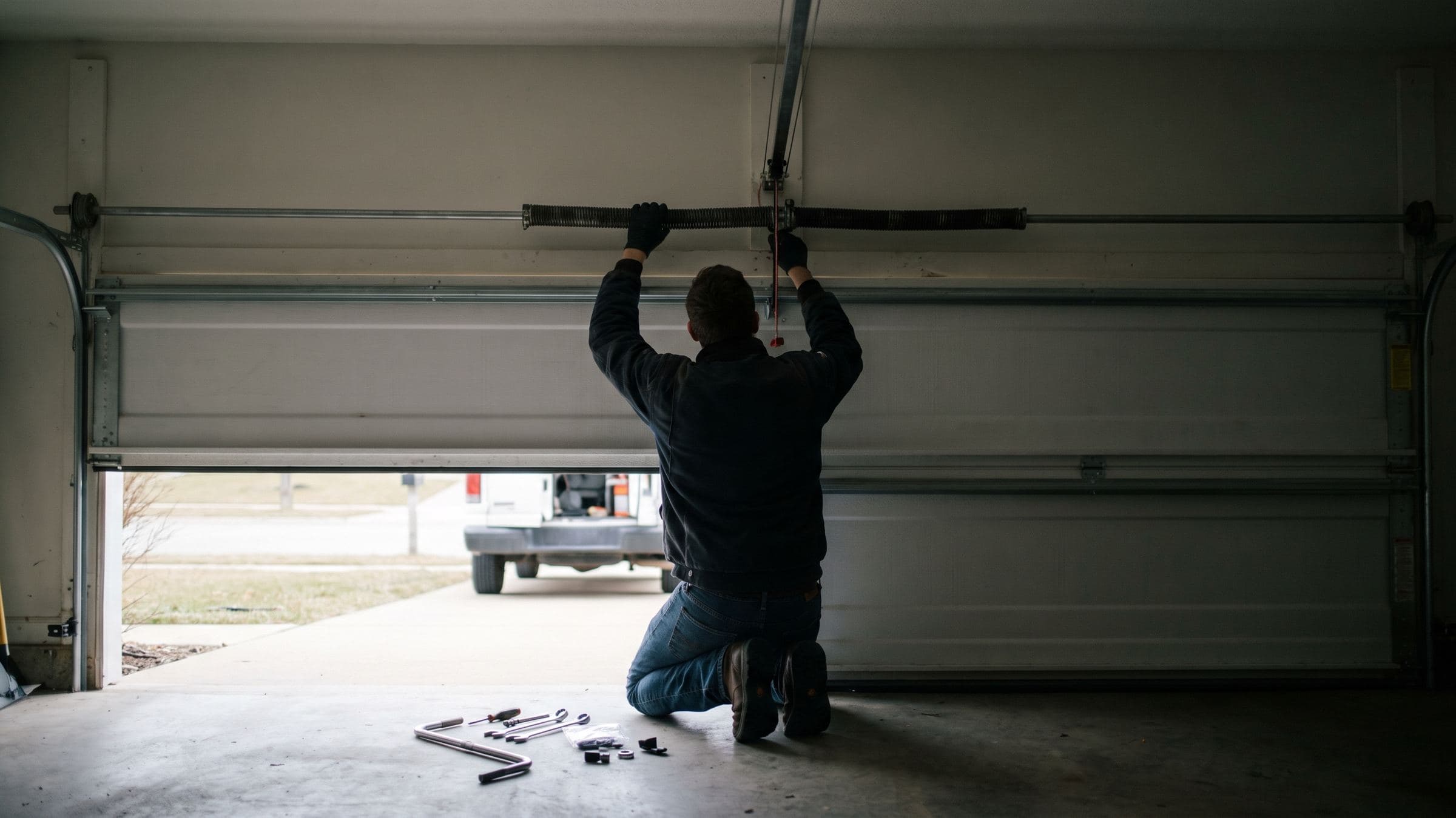 Garage door technician kneeling in an open garage, replacing the spring above the door