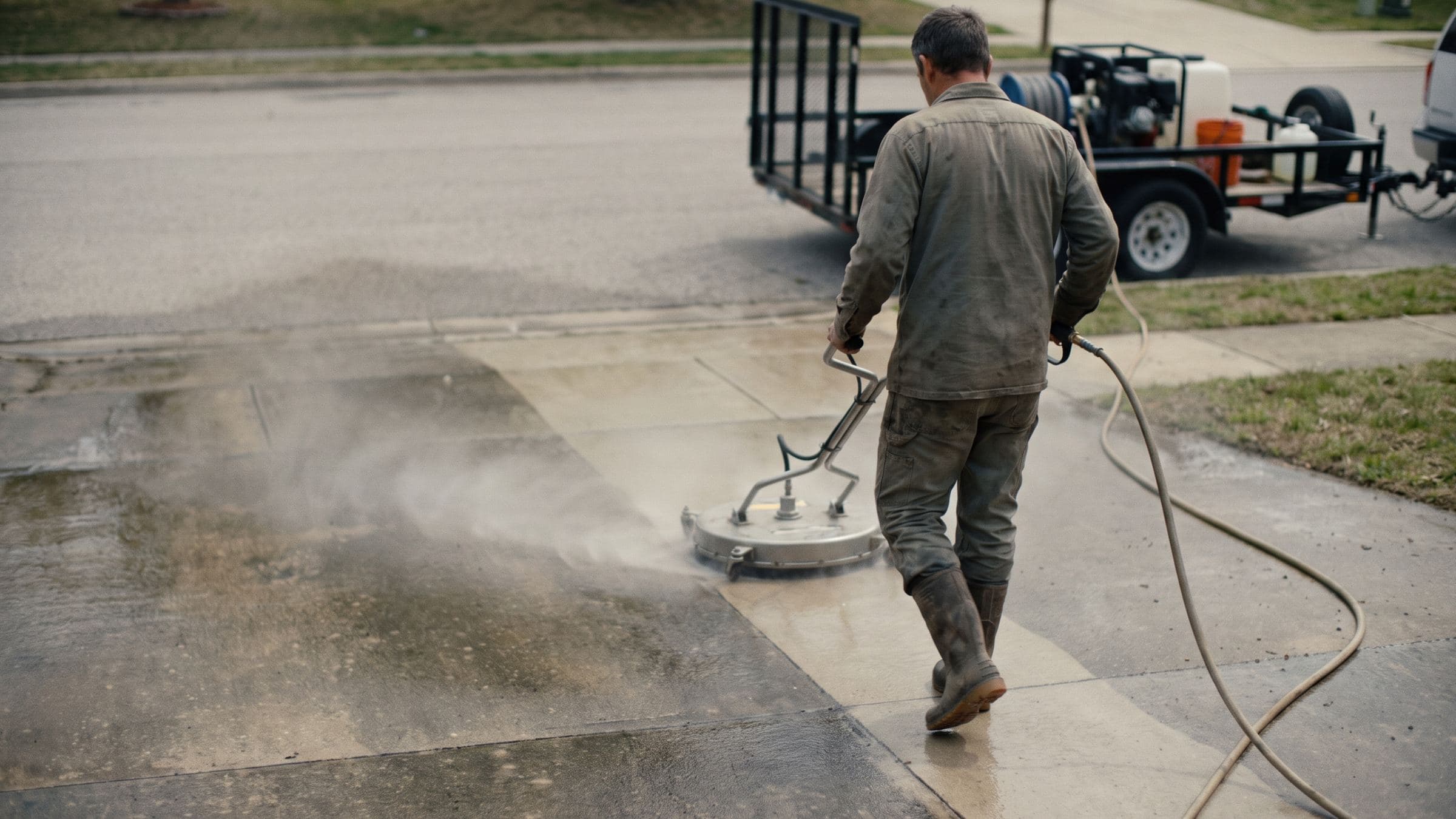Pressure washing technician cutting a clean stripe through a dirty concrete driveway