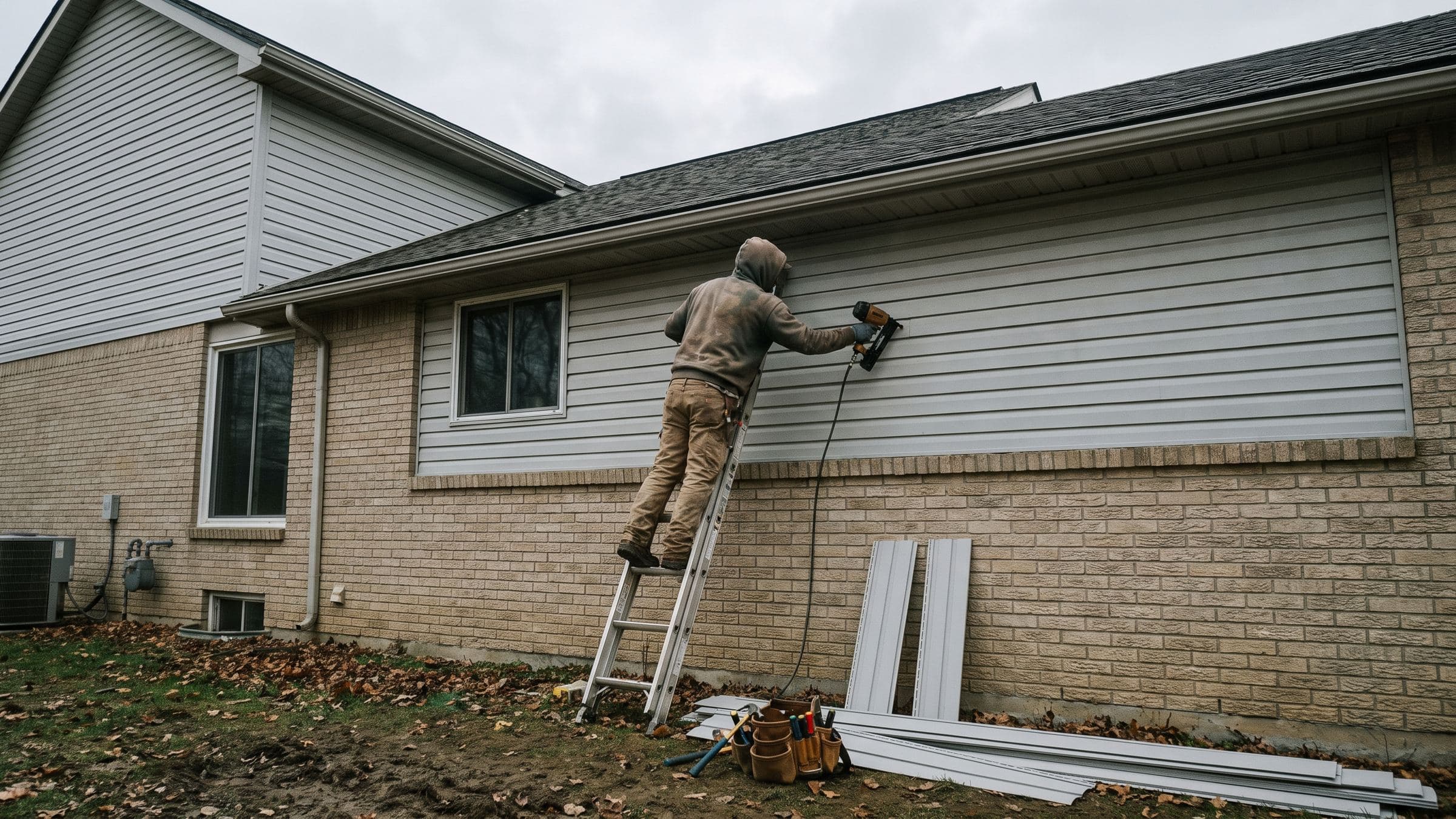 Siding installer on a ladder nailing new grey vinyl siding to a brick house