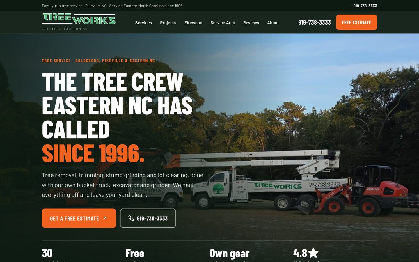 The new Tree Works website: the crew's own bucket truck and loader behind the headline