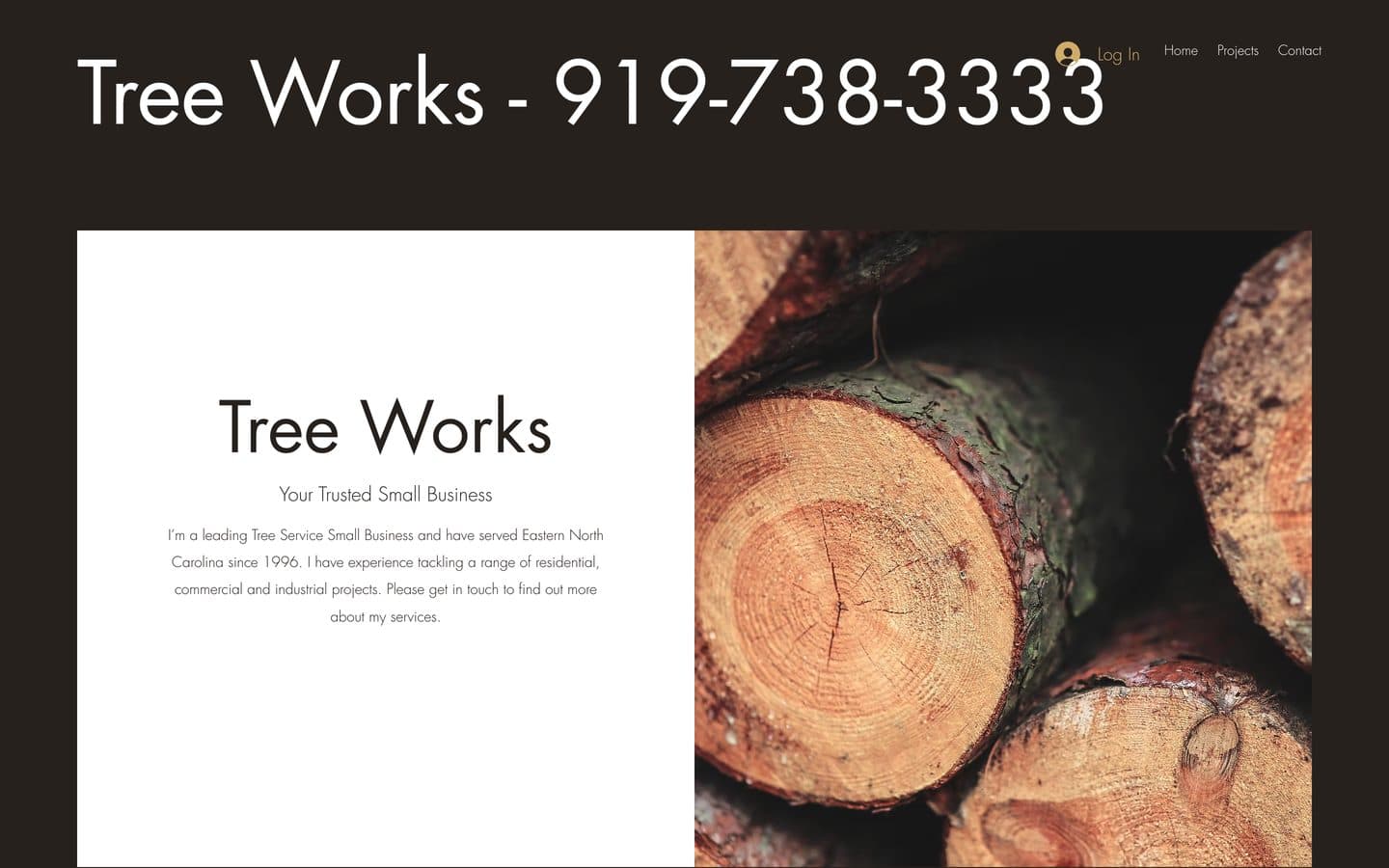 The old Tree Works website: a stock photo of logs and the phone number as the headline