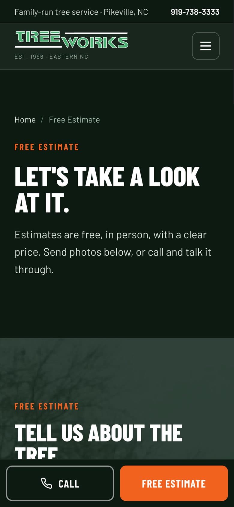 Tree Works free estimate form on a phone