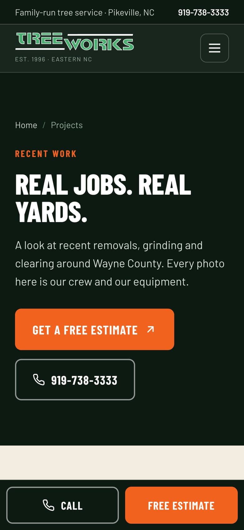 Tree Works projects page with job videos on a phone