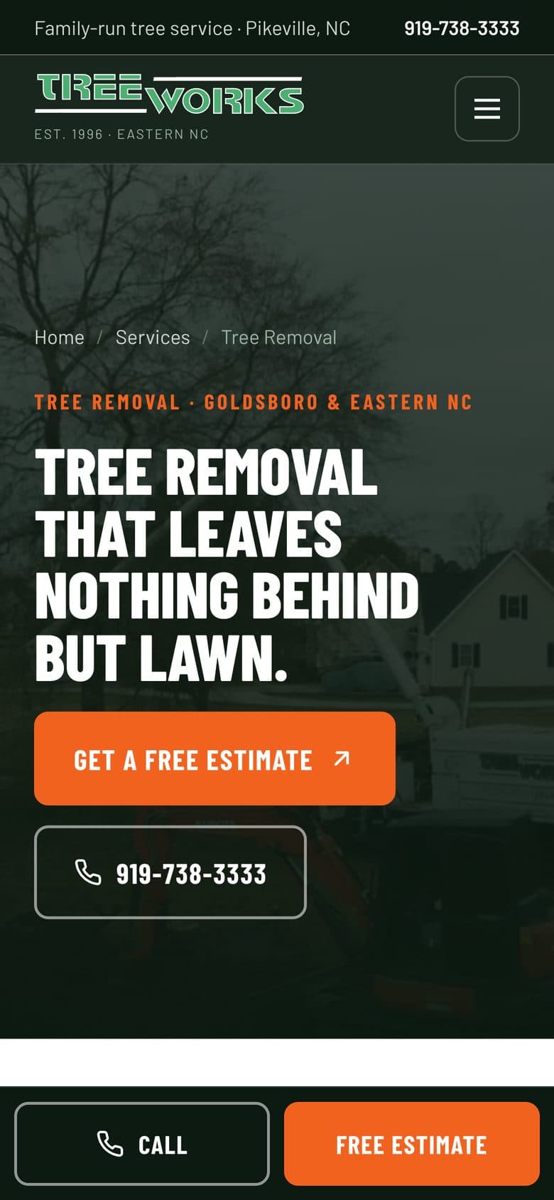 Tree Works tree removal service page on a phone
