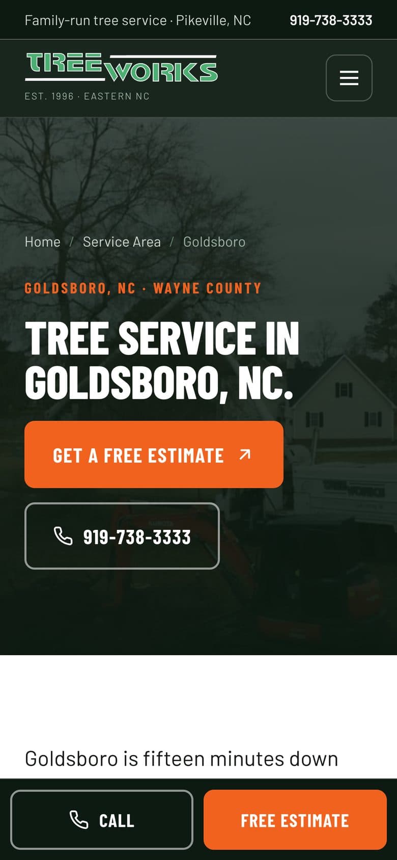 Tree Works Goldsboro town page on a phone